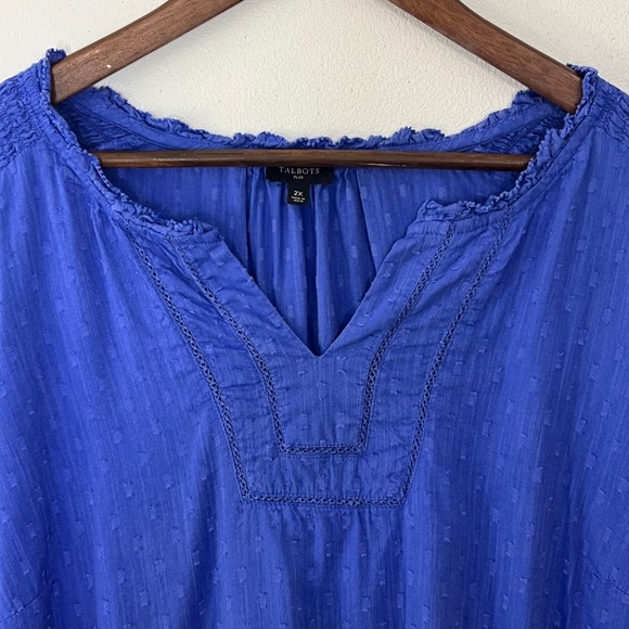 Talbots 2X Plus Blue Textured Smocked Blouse Cotton Viscose Coastal Swiss Dot - Picture 5 of 12